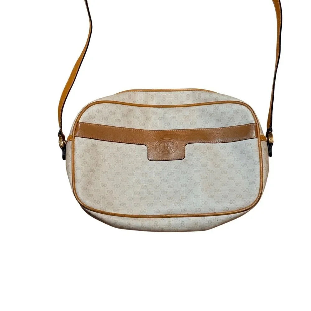 Gucci Women's Crossbody Bag Cream Tan Leather Trim Micro GG Monogram Vintage - Picture 3 of 14
